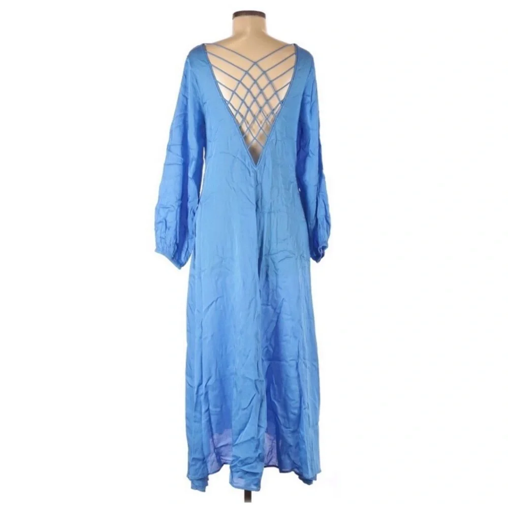 FREE PEOPLE Later Days Blue Button Front Long Sleeve Midi Dress Size‎ 0 New - Picture 6 of 13
